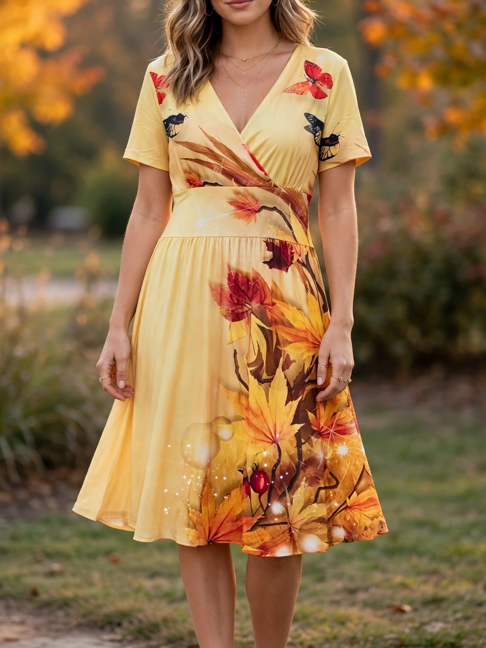 TikTok Style Yellow Butterfly Fall Wrap Dress L - Autumn Maple Leaf Boho Midi